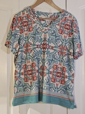 Alfred Dunner Women's Top XL T-Shirt Casual Resort Wear Mediterranean Tile Print